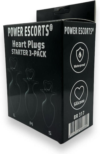 Power Escorts Heart Plug Anal Starter 3-pack S M & L Black Quality Silicone Color Box