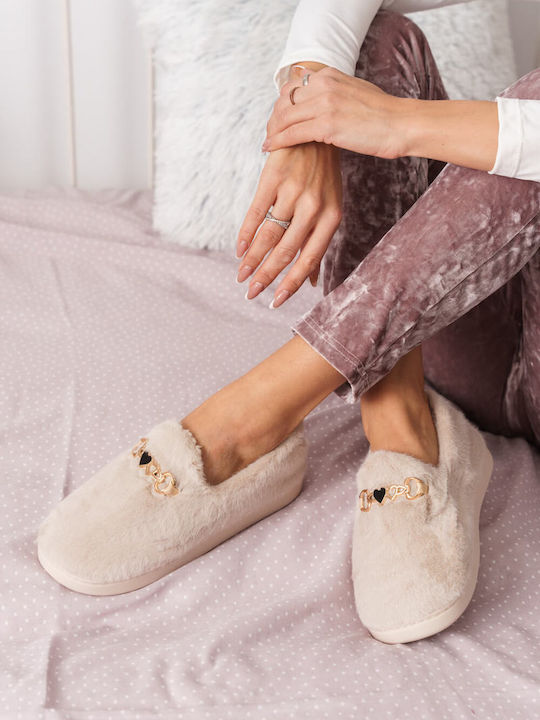 Beige Slippers with Black Decorative Heart