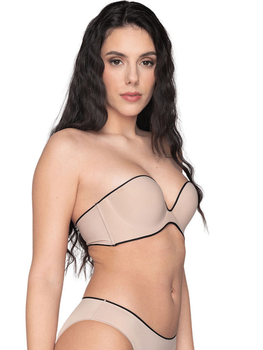 Miracle One Μπέζ-γκρί Strapless Σουτιέν Push Up με Μπανέλες