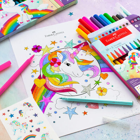 Μαρκαδόροι Faber Castell Μονόκερος Σετ 10+3 + Αυτοκόλλητα 554213 12310991 Faber Castell