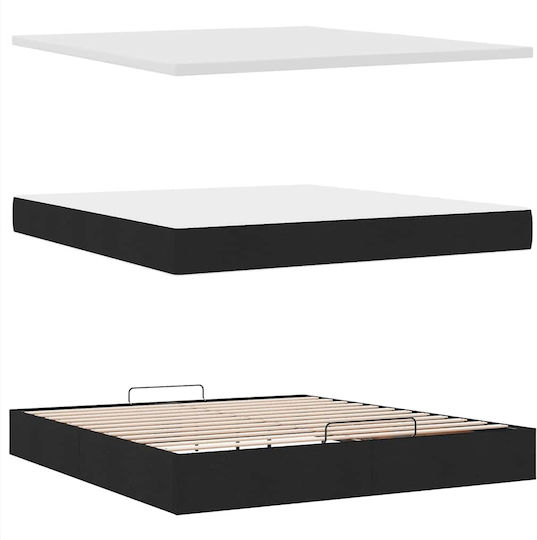 Double Bed Upholstered with Fabric Black with Slats & Mattress 160x200cm