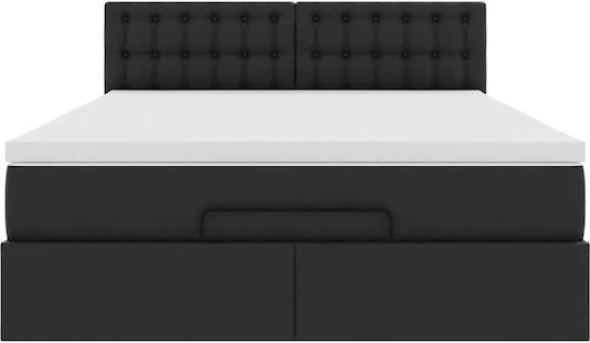 Double Bed Upholstered with Black Faux Leather with Storage Space Slats & Mattress 140x200cm