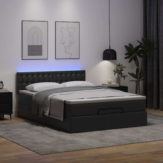 Double Bed Upholstered with Black Faux Leather with Storage Space Slats & Mattress 140x200cm