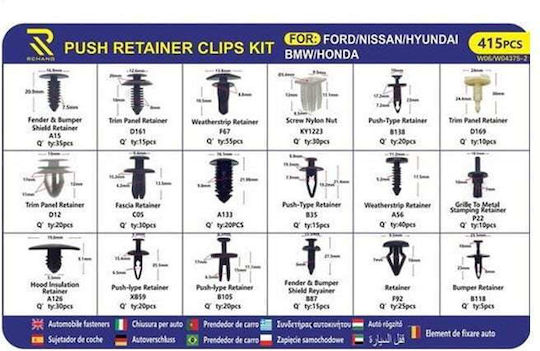 Rchang Set 415 Bucăți Fixatoare din Plastic – Cleme Auto W06/w04375-2 – Kit Cleme de Reținere cu Împingere