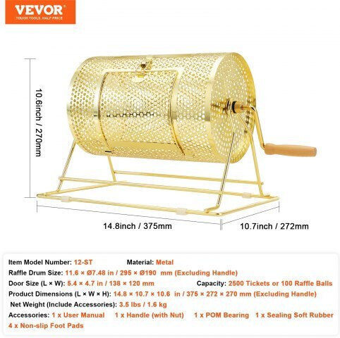 Tobă de tragere Vevor cu cușcă metalică și mâner din lemn, capacitate 2500 bilete sau 100 mingi de ping-pong Cjgjs12yc0003g2kpv0 Tobă de tragere Vevor cu cușcă metalică și mâner din lemn, capacitate 2500 bilete sau 100 mingi de ping-pong Cjgjs12yc0003g2kpv0