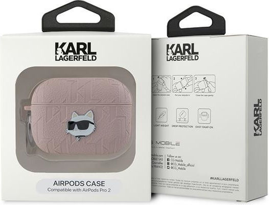 Karl Lagerfeld Choupette Head Θήκη Δερμάτινη με Γάντζο σε Ροζ χρώμα για Apple AirPods Pro