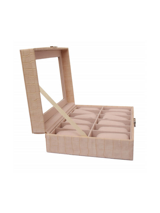 Elegant Storage Box Compartments 12 Watches Crocodile Print Cream