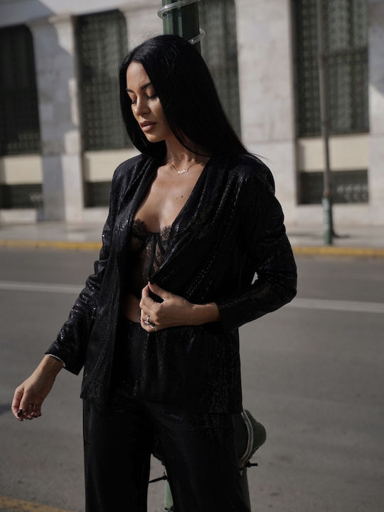 Donna Martha Blazer pentru femei Sacou Black cu paiete