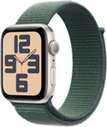 Apple Watch SE 2024 Aluminium 44mm Wasserdicht mit Pulsmesser (Starlight with Lake Green Sport Loop)