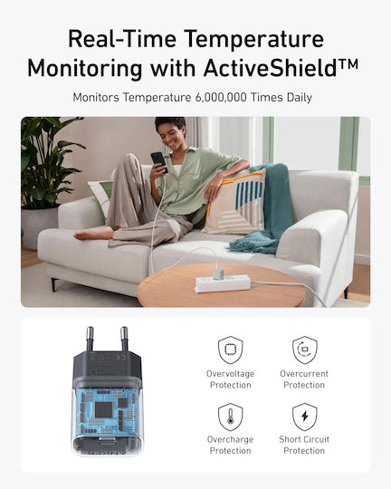 Anker Φορτιστής Χωρίς Καλώδιο GaN με Θύρα USB-C 30W Power Delivery Μαύρος (Nano 4)