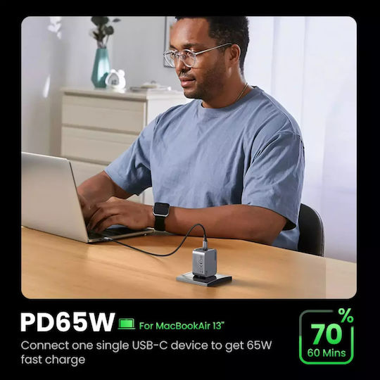 Ugreen Charger GaN with USB-A Port and 2 USB-C Ports and Cable USB-C - USB-C 65W Power Delivery / Quick Charge 4.0 Gray (Nexode Pro)