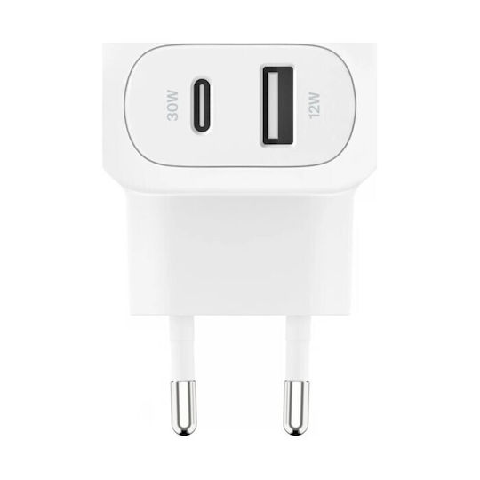 Belkin Φορτιστής Χωρίς Καλώδιο με Θύρα USB-A και Θύρα USB-C 42W Λευκός (BOOST Charge)