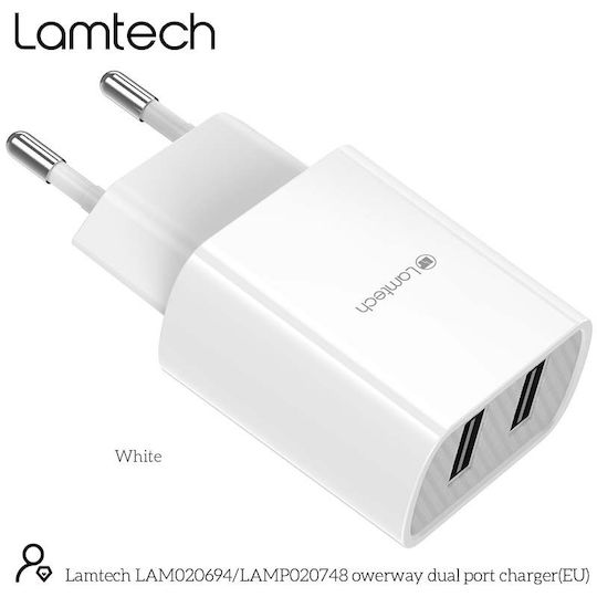 Lamtech Φορτιστής Χωρίς Καλώδιο με 2 Θύρες USB-A Λευκός (LAM020694)