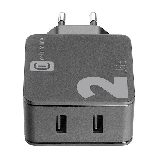 Cellular Line Φορτιστής Χωρίς Καλώδιο με 2 Θύρες USB-A 24W Μαύρος (ACHUSB224WK)