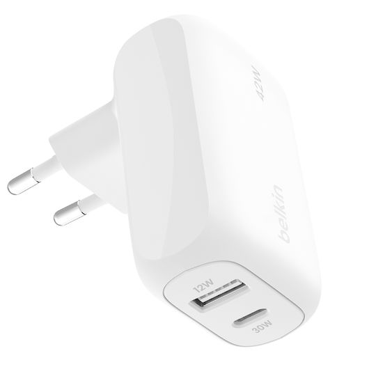 Belkin Φορτιστής Χωρίς Καλώδιο με Θύρα USB-A και Θύρα USB-C 42W Λευκός (BOOST Charge)
