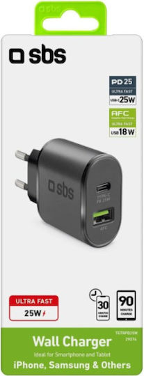 SBS Φορτιστής Χωρίς Καλώδιο με Θύρα USB-A και Θύρα USB-C 25W Power Delivery Λευκός (TETRPD20W)