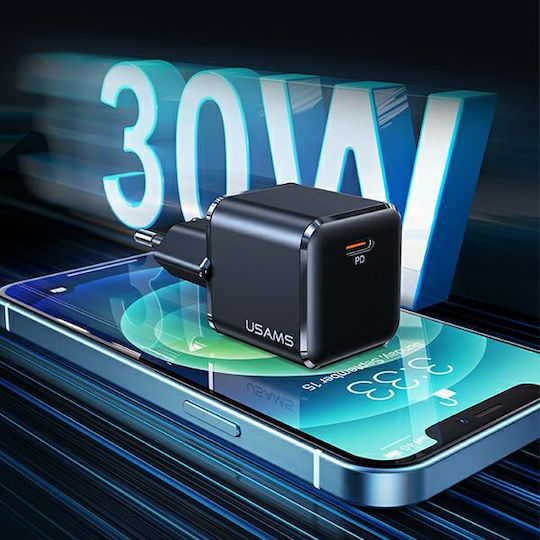 Usams Charger Without Cable with USB-C Port 30W Power Delivery Blacks (T45)