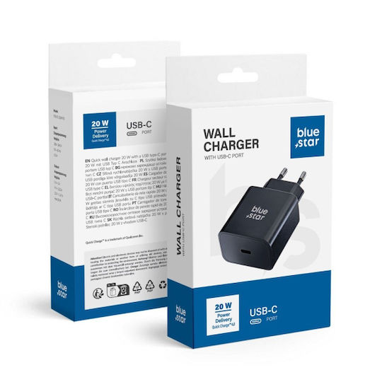 Blue Star Ladegerät ohne Kabel mit USB-C Anschluss 20W Stromlieferung / Schnellaufladung 4.0 Schwarzs (BS3APDB)