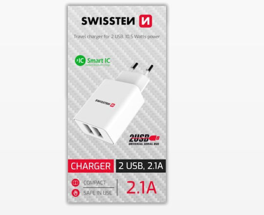 Swissten Ladegerät ohne Kabel mit 2 USB-A Anschlüsse Weißs (22034000)