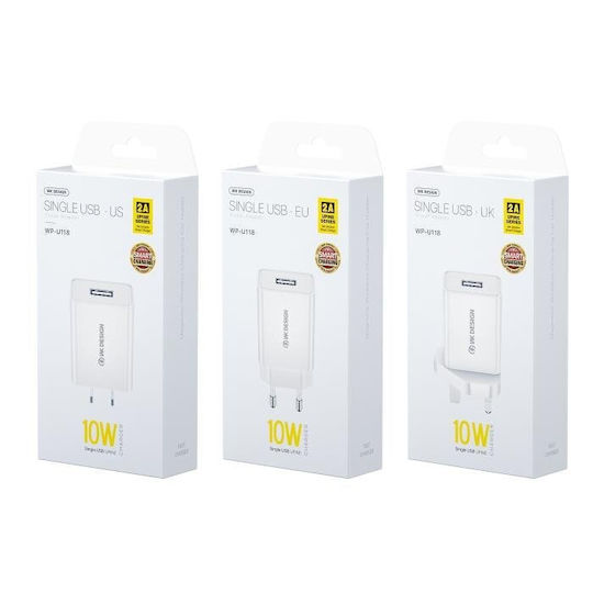 WK Φορτιστής με Θύρα USB-A και Καλώδιο micro USB 10W Λευκός (WP-U118)