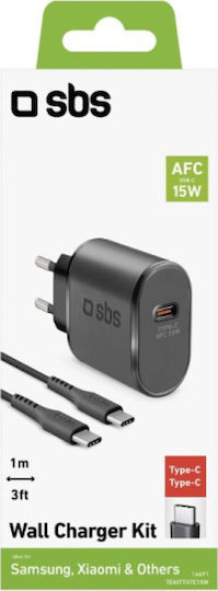 SBS Încărcător cu Port USB-C și Cablu USB-C 15W Livrarea energiei Negruς (KITTRTC15W)