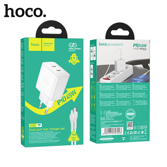 Hoco Φορτιστής με 2 Θύρες USB-C και Καλώδιο USB-C - Lightning 45W Power Delivery Λευκός (N35)