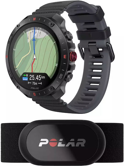 Polar Grit X2 Pro + Heart Rate Belt Stainless Steel 49mm Waterproof Smartwatch with Heart Rate Monitor (S/L Black Silicone Strap)