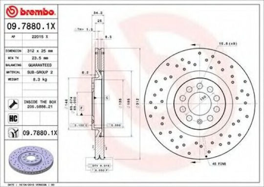 Brembo Δισκόπλακα Εμπρός 1τμχ για Audi A3 / S3 Seat Leon / Ibiza