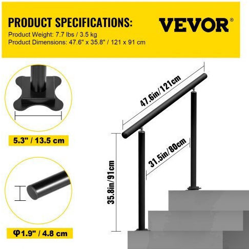 Vevor Black Outdoor Stair Railing 4ft Adjustable 0-60° Garden Lzltfs4ycyghsdlz1v0