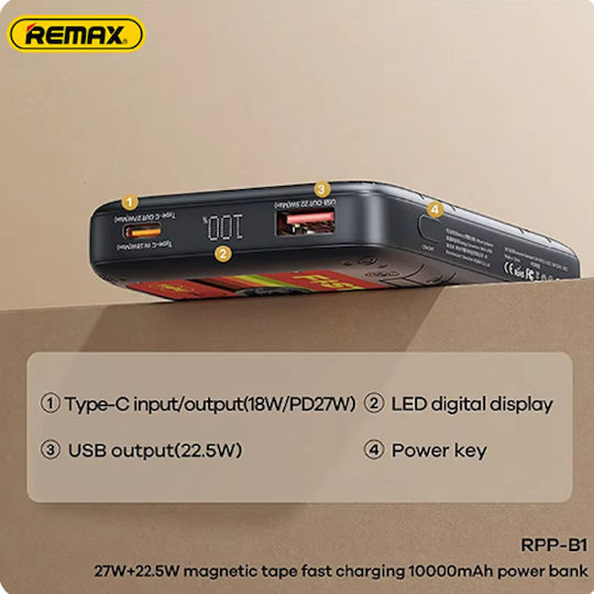 Remax RPP-B1 Power Bank 10000mAh 27W με Θύρα USB-A και Θύρα USB-C Μαύρο