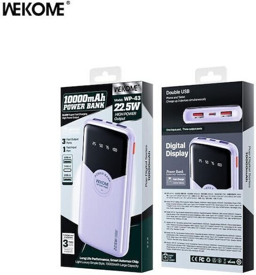 WK WP-43 Power Bank 10000mAh 22.5W with 2 USB-A Ports and USB-C Port Power Delivery Purple