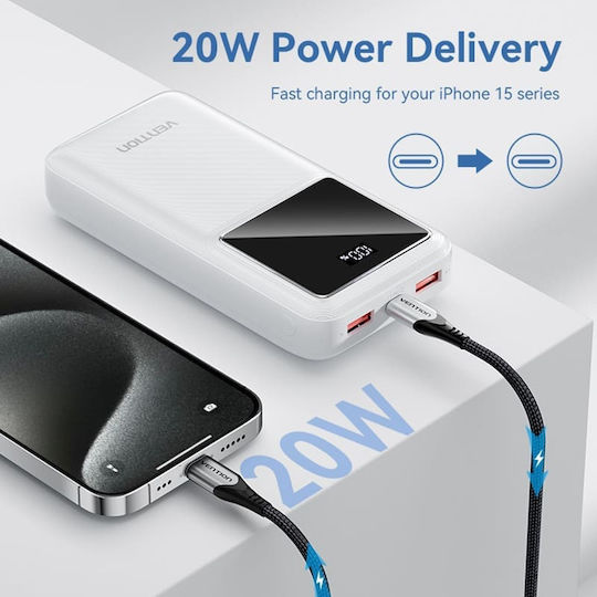 Vention FHLW0 Power Bank 20000mAh 22.5W με 2 Θύρες USB-A και Θύρα USB-C Λευκό