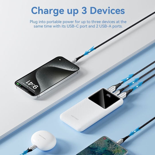 Vention Power Bank 10000mAh 22.5W με 2 Θύρες USB-A και Θύρα USB-C Λευκό