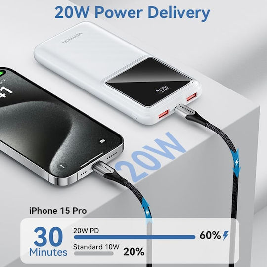 Vention Power Bank 10000mAh 22.5W με 2 Θύρες USB-A και Θύρα USB-C Λευκό