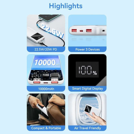 Vention Power Bank 10000mAh 22.5W με 2 Θύρες USB-A και Θύρα USB-C Λευκό