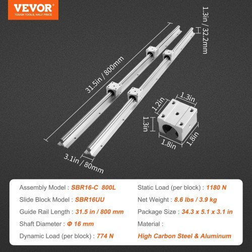 Vevor Σετ Οδηγών Sbr16 800mm 2 Οδηγοί & 4 Συστοιχίες Sbr16uu Cnc Router Zxdgsbr16mm80ouiwv0