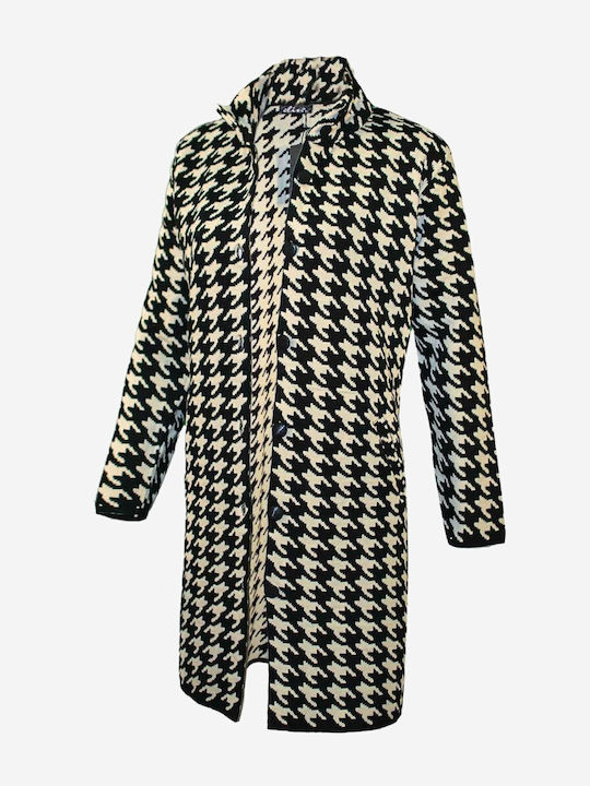 Lungă Jachetă de damă tricotată Houndstooth Black