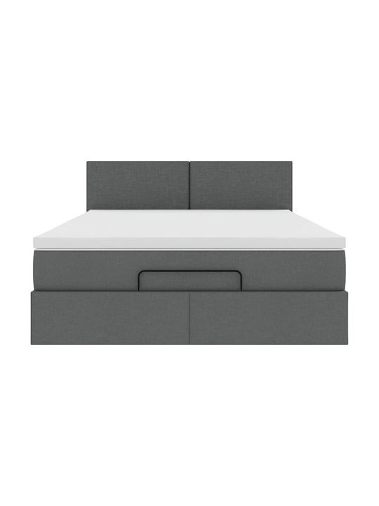 Double Bed Upholstered with Dark Gray Fabric with Slats & Mattress 140x190cm