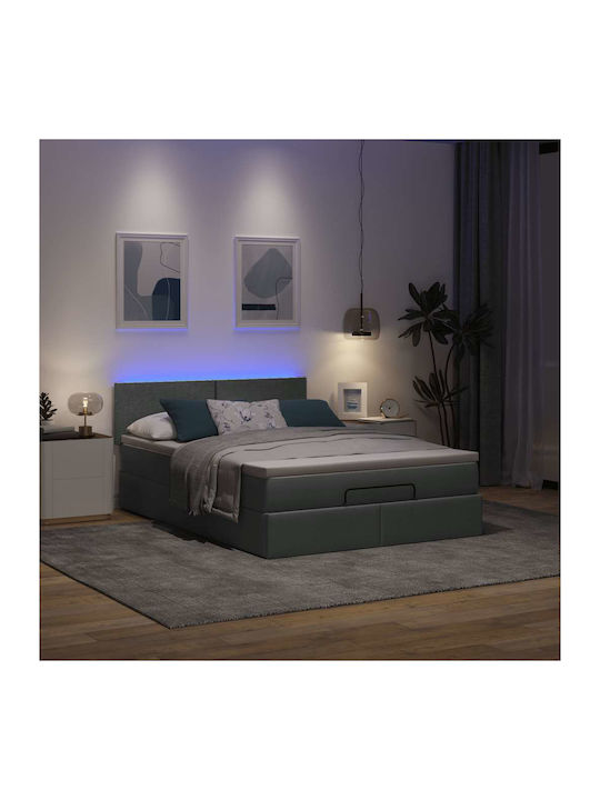 Double Bed Upholstered with Dark Gray Fabric with Slats & Mattress 140x190cm