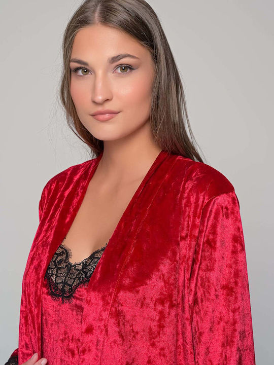 Milena by Paris Χειμερινή Γυναικεία Βελουτέ Ρόμπα με Νυχτικό Κόκκινη