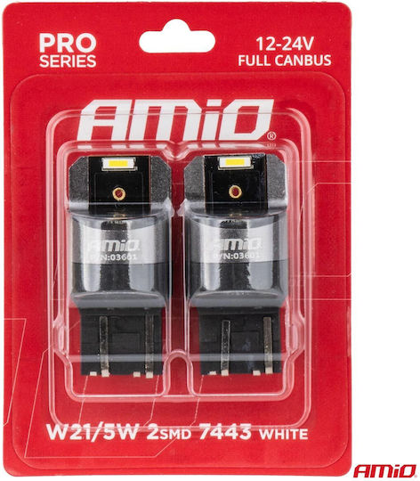 AMiO Λάμπες Αυτοκινήτου W21/5W Canbus LED 6000K Ψυχρό Λευκό 12-24V 2τμχ