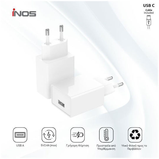 iNOS Handyladegerät mit USB-A Ausgangsanschluss und Kabel USB-C 12W Weiß