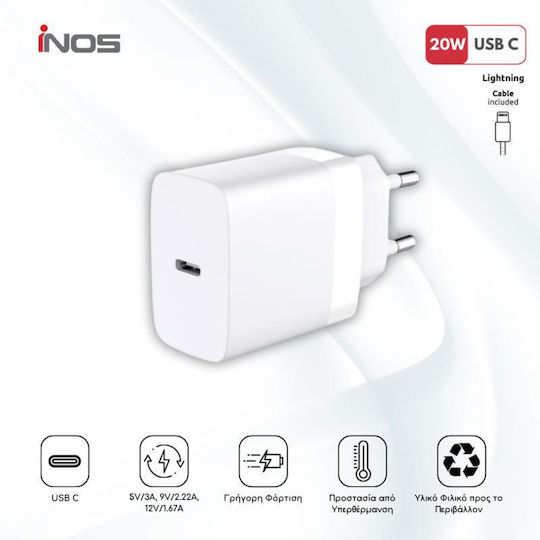 iNOS Handyladegerät mit USB-C Ausgangsanschluss und Kabel USB-C - Lightning 20W Stromlieferung / Schnellaufladung 3.0 Weiß