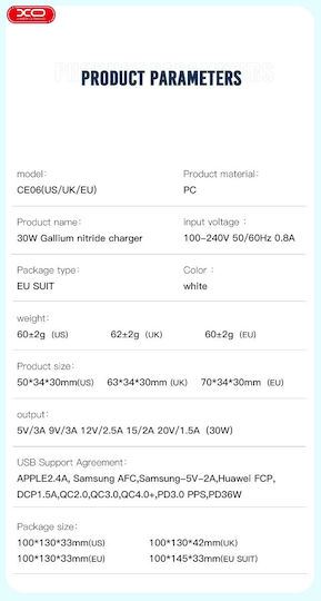XO с USB-C порт и кабел USB-C - Lightning 30W Power Delivery Бял (CE06)