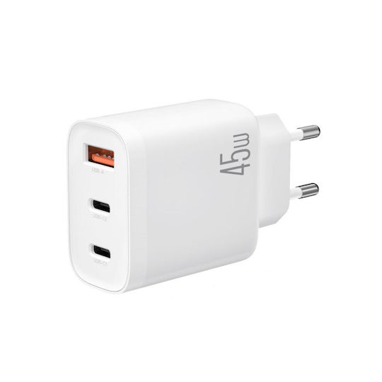 XO Charger with USB-A Port and 2 USB-C Ports and Cable USB-C - Lightning 45W Power Delivery / Quick Charge 3.0 Whites (L117)