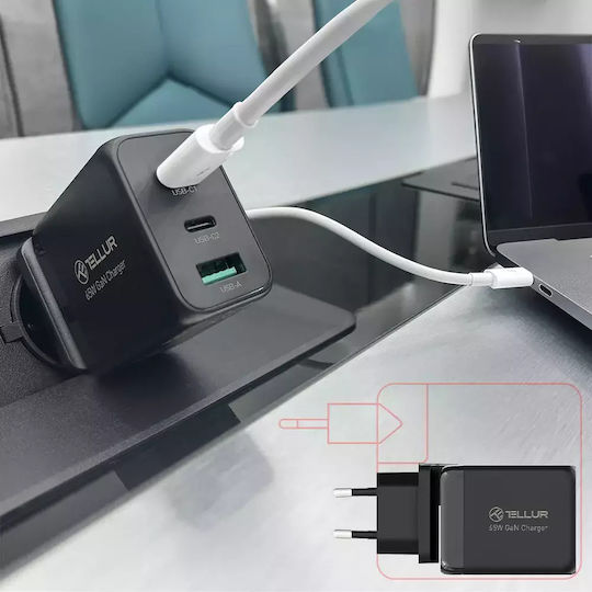 Tellur Φορτιστής Χωρίς Καλώδιο GaN με Θύρα USB-A και 2 Θύρες USB-C 65W Μαύρος (TLL151451)