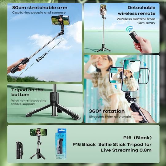 Remax P16 FY Selfie Stick Trepied Pentru Telefoane Mobile Bluetooth Negru
