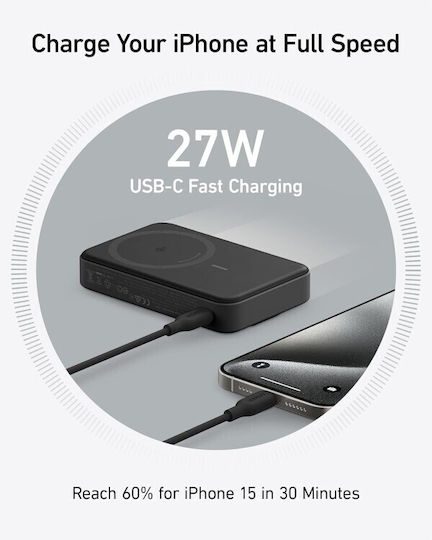 Anker MagGo A1654 MagSafe Power Bank 10000mAh 15W με Θύρα USB-C Μαύρο