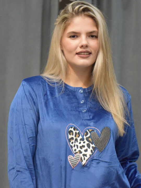 Caress Χειμερινό Γυναικείο Σετ Πιτζάμας Fleece Μπλε, Leopard