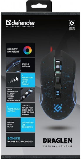 Defender Draglen GM-907 RGB Gaming Ποντίκι 7200 DPI Μαύρο